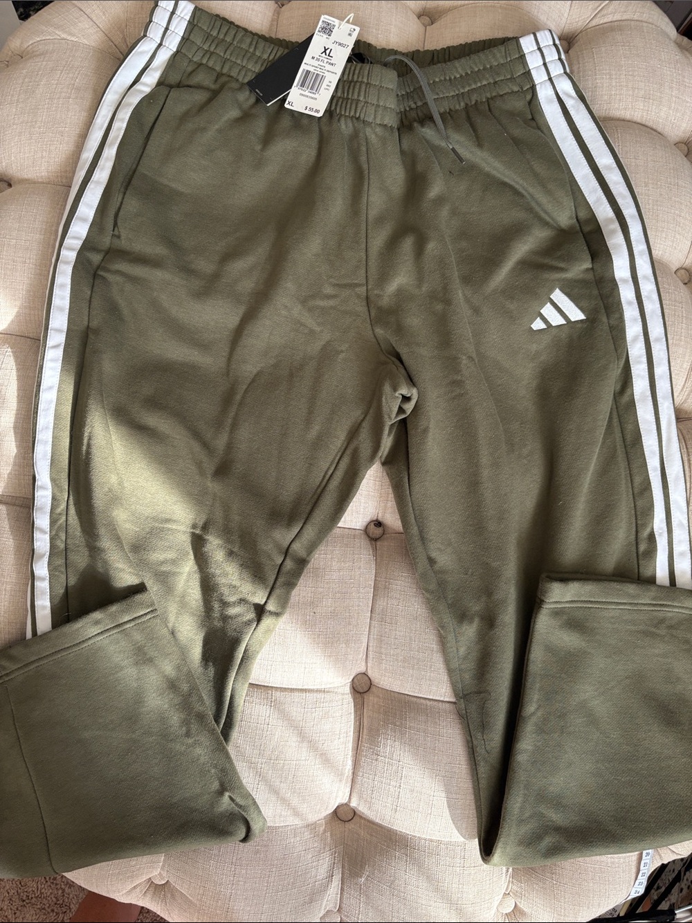 adidas Olive Green Kids Joggers with White Side Stripes